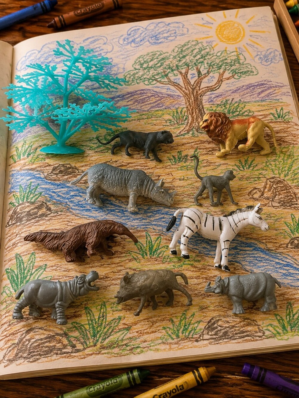 Vintage Safari Animal Toy Playset Hippo Anteater Warthog Monkey Rhino Zebra Lion